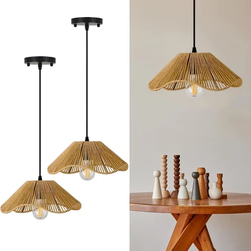 Miniatura 12 de 1 lámpara colgante de bambú tejida a mano, estilo bohemio, elegante, cordón ajustable, ratán de bambú, lámpara colgante de techo para comedor, bar