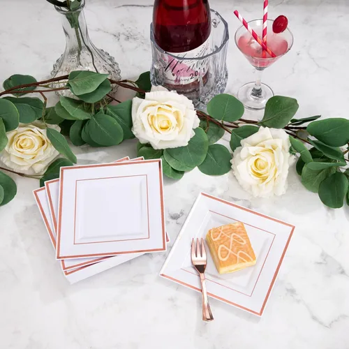 Miniatura 4 de WDF 86 platos de postre de oro rosa de 6 pulgadas con 86 tenedores desechables de 5 pulgadas, elegantes platos de plástico cuadrados para el día