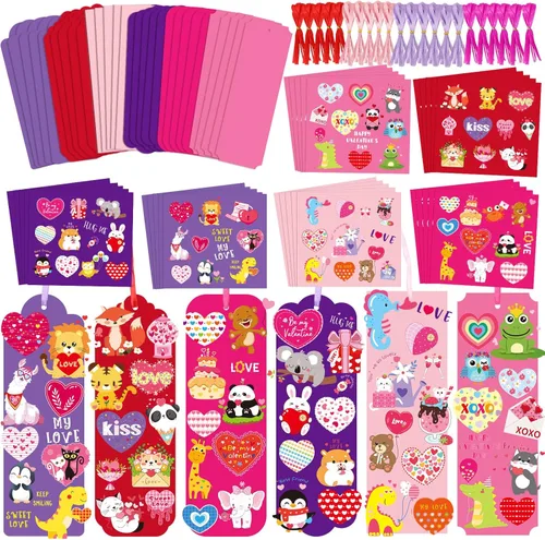 JUNEBRUSHS Paquete de 30 manualidades de San Valentín para niños, marcapáginas del día de San Valentín, kits de manualidades con corazones surtidos,