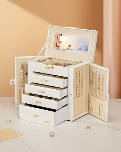 Miniatura 8 de Homde Joyero enorme de cuero sintético con espejo, organizador de relojes, collar, anillo y aretes, estuche de regalo con cerradura (blanco + dorado)