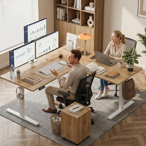 Miniatura 2 de Grandder 63 x 55 Pulgadas Escritorio en Forma de L, Escritorio Eléctrico Ajustable en Altura, Mesa de Esquina para Sentarse y Pararse, Mesa de Negro