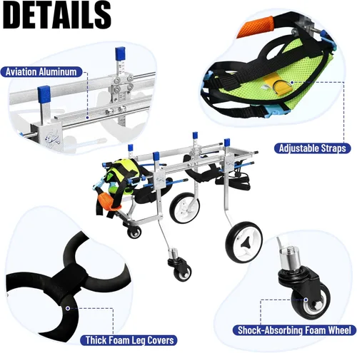 Miniatura 5 de Silla de ruedas ajustable para perros con cuatro ruedas, remolque de bicicleta de movilidad ligera para mascotas discapacitadas, fácil de montar