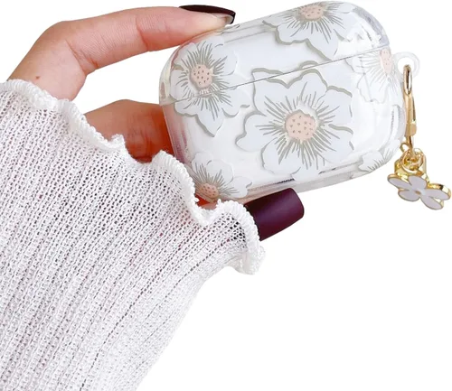 Miniatura 8 de Funda protectora para AirPods Pro de 1ª generación con llavero, bonita funda protectora para auriculares con flores negras y flores, TPU suave