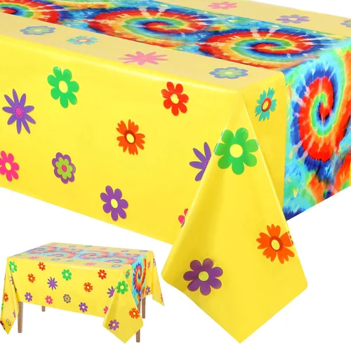 Miniatura 7 de Oudain 6 piezas de decoración de fiesta de los años 70, mantel hippie para decoración de los años 60, cubierta desechable de plástico retro