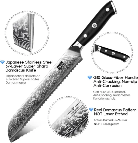 Miniatura 2 de Cuchillo de pan SHAN ZU de 8 pulgadas, cuchillo japonés de acero de Damasco con hoja ondulada serrada, cuchillo profesional afilado de acero super