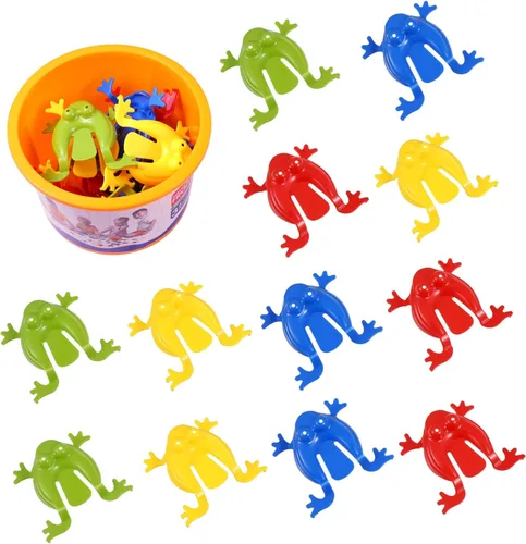 Kisangel 12 ranas saltadoras de plástico, juguete de rana rebotadora con cubo para niños, Pascua, cumpleaños, fiestas, colores mixtos
