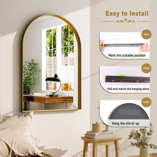 Miniatura 7 de GLSLAND Espejo de baño arqueado de 24 x 36 pulgadas para pared, marco de aleación de aluminio, espejo montado en la pared para decoración de baño