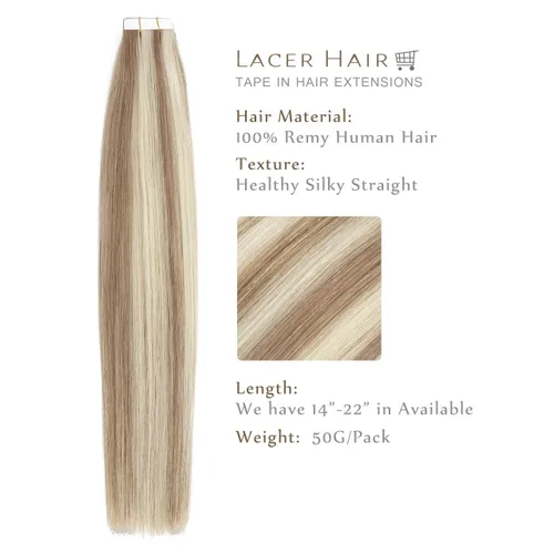 Miniatura 2 de Lacer Extensiones de cabello humano con cinta, extensiones de cabello humano con pegamento, color #6 castaño medio a #60A rubio platino Remy lacio