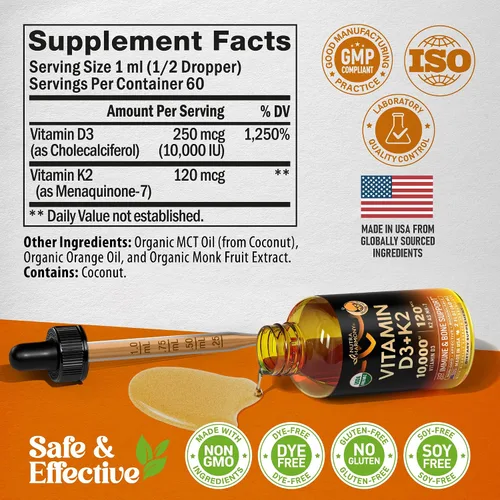 Miniatura 8 de Gotas Orgánicas USDA de Vitamina D3 K2 – Vitamina D3 10000 UI y K2 como MK-7 120mcg – Apoyo inmunológico y del estado de ánimo, salud de huesos