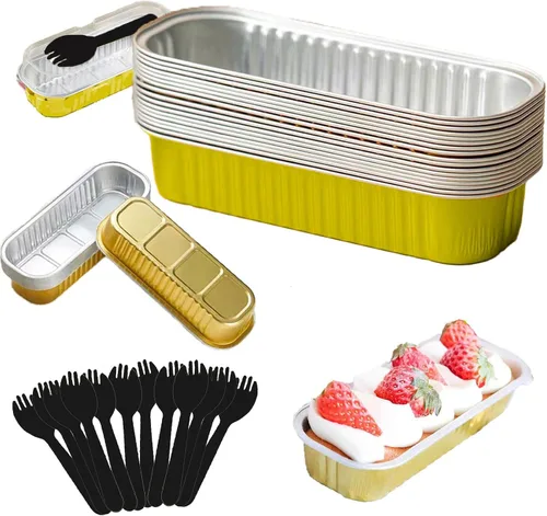 Miniatura 9 de Juego de 12 mini moldes para pan con tapas y cucharas, 200 ml, desechables, rectangulares, de aluminio con papel de aluminio, para hornear pasteles