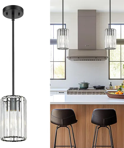Lámpara Colgante de Cristal, Mini Lámpara de Araña con Acabado Negro Mate, Moderna Lámpara Colgante para Cocina, Comedor, Recámara, CKPL5510-1P-BK