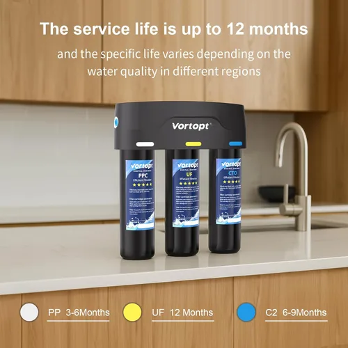 Miniatura 6 de Vortopt F03 - Sistema de filtro de agua para debajo del fregadero, filtración UF de 3 etapas de 0.01 micrones con alto flujo, reduce el cloro