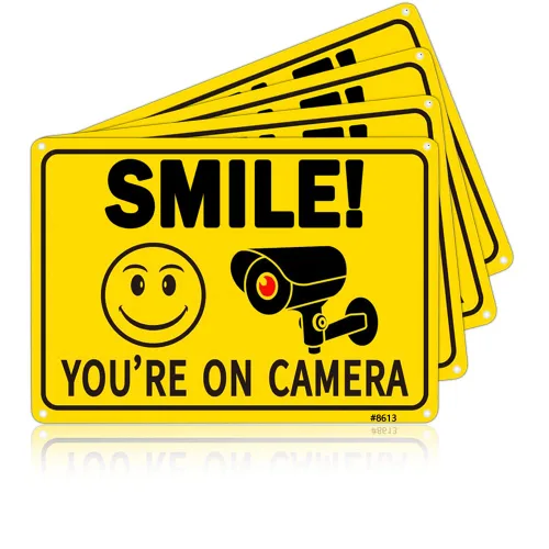 Miniatura 6 de Paquete de 2 letreros de seguridad divertidos de 10 x 7 pulgadas con cara sonriente e icono de cámara, aluminio sin óxido, impresión UV y resistente
