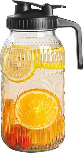 Amzcku Jarra vintage de medio galón, grande de 64 onzas, boca ancha con tapa, jarra de vidrio hermética de 2 cuartos de galón para agua, jugo,