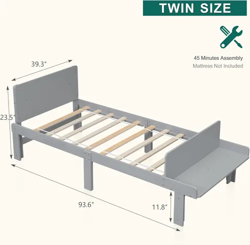 Miniatura 2 de Dolonm Marco de cama individual para niños con banco de estribo, gris, madera de pino, estilo moderno, no necesita somier