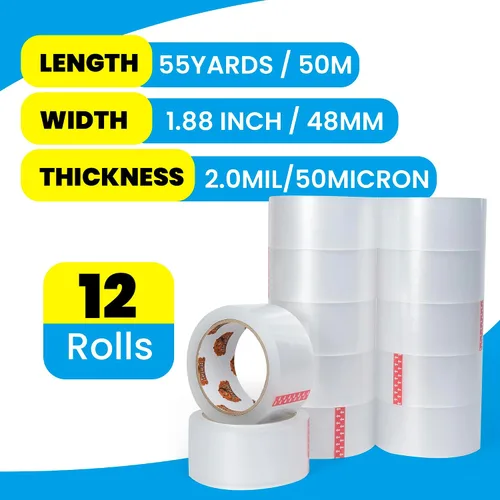 Miniatura 3 de TAPEBEAR Cinta de embalaje transparente, 12 rollos, 1.88 pulgadas x 55 yardas x 2.0 mil de grosor, cinta adhesiva acrílica para envío, sellado