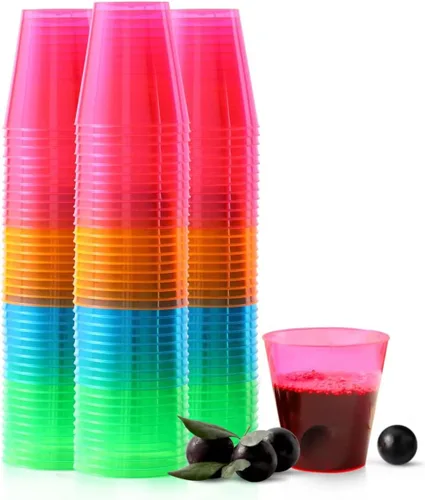 Miniatura 2 de 250 vasos desechables de plástico, vasos de fiesta multicolor neón de 1 onza, vasos desechables de plástico duro para margarita, whisky