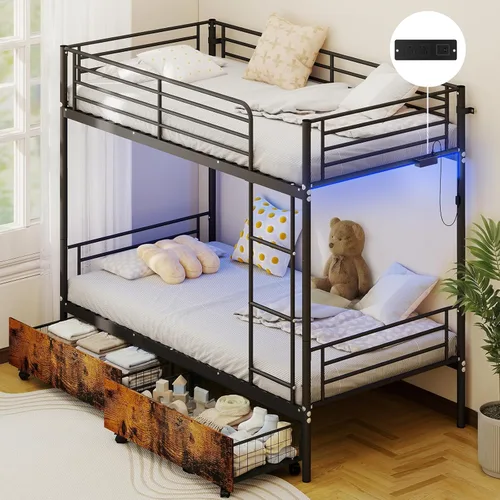 Miniatura 14 de Zevemomo - Litera de cama individual sobre cama matrimonial, literas de metal de bajo perfil con barandilla de seguridad de longitud completa