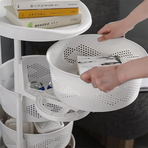 Miniatura 5 de Estante de almacenamiento giratorio de 5 niveles, estante de almacenamiento de verduras, estante de almacenamiento con ruedas bloqueables y cesta