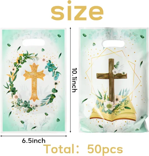 Miniatura 2 de 50 bolsas de regalos de fiesta cruzada para bautismo, primera comunión, bolsa impermeable con asas troqueladas, bolsas de regalo de plástico