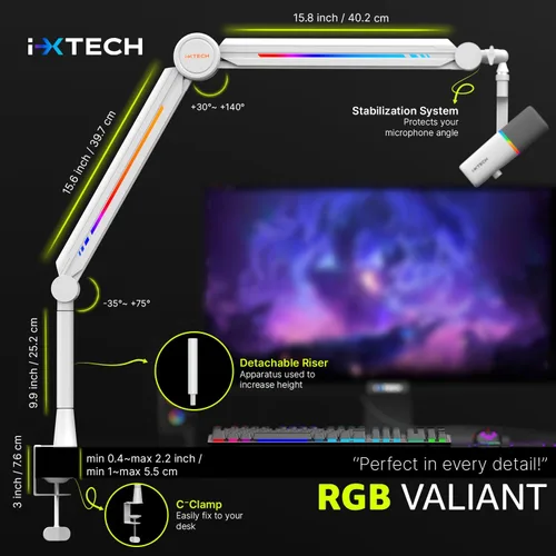 Miniatura 8 de IXTECH Brazo de brazo de micrófono RGB de perfil alto, soporte de micrófono de brazo de brazo elevado, soporte de micrófono ajustable con soporte