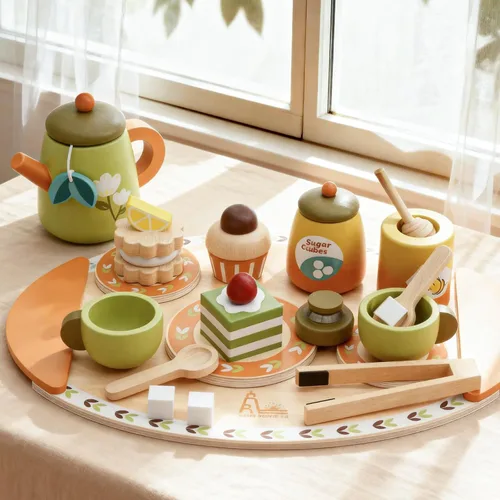 Miniatura 9 de Juego de té de madera para niños pequeños, juguetes de fiesta de té de simulación para niños de 3 a 5 años, regalo para niñas y niños