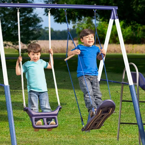 Miniatura 5 de XDP Recreation Surf N Swing - Juego de columpio y juego de 5 estaciones de acero pintado para niños con tobogán ondulado, protectores de piernas