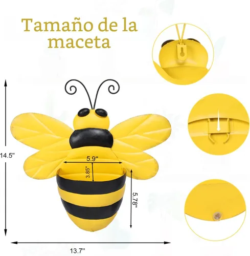 Miniatura 3 de Macetero de Pared de Metal Abeja Maceteros de Pared Montados Maceta Pequeña con Drenaje para Interior Exterior Macetero Colgante Estilo Granja