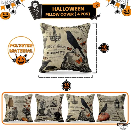 Miniatura 2 de KatchOn, Fundas de almohada vintage de Halloween de 18 x 18 pulgadas, paquete de 4 fundas de almohada de calavera Fundas de cojín de calabaza