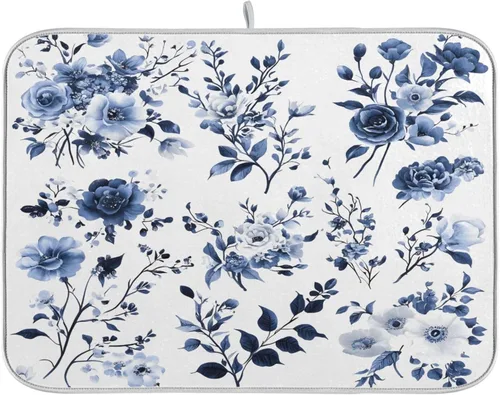 Tapete de secado de platos de flores de porcelana azul y blanca para encimera de cocina, almohadilla de secado de microfibra absorbente, tamaño
