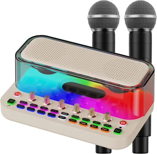 Miniatura 10 de JYX - Máquina de karaoke con 2 micrófonos inalámbricos, altavoz Bluetooth portátil con ajuste de graves/agudos y luz LED, compatible con TWS