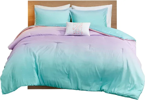 Miniatura 12 de Intelligent Design Juego de edredón tamaño Queen para cama Full, reversible, colorido, metálico con purpurina degradado, estampado moderno, juego