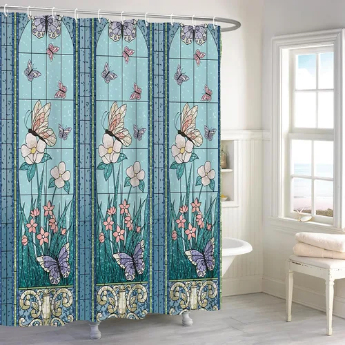Cortina de ducha de jardín azul, juego de cortina de ducha floral de mariposa colorida para baño, cortina de baño de tela de plantas de diseño 44