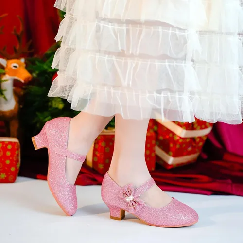 Miniatura 2 de Dufannie Zapatos de vestir para niñas, zapatos de tacón bajo de princesa, zapatos planos con purpurina para bodas y fiestas