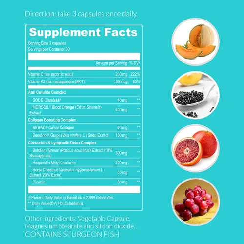Miniatura 7 de UpNourish Suplemento para la salud de las venas y celulitis con colágeno de caviar, SOD DIMPLESS, MOROSIL, escoba de carnicero, castaño de indias