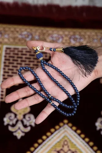 Miniatura 7 de TB - Alfombra de oración musulmana islámica, tapete de terciopelo suave, regalo de Ramadán, con cuentas de oración, decoración única, dorada, Azul