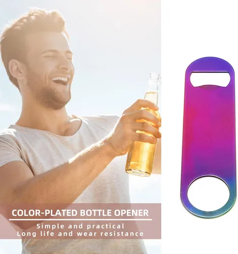 Miniatura 6 de Abrebotellas plano de acero inoxidable de color arcoíris, resistente y duradero, 2 piezas para enviar a amigos, adecuado para bares, camareros