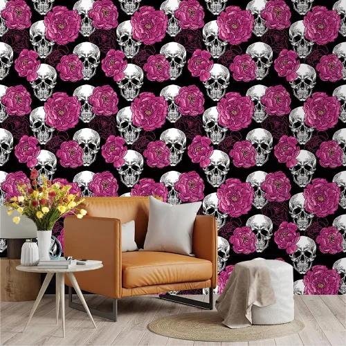 Miniatura 5 de Sugar Skull Penoy Papel Tapiz Floral de Despegar y Pegar para Dormitorio Negro/Blanco/Rojo Papel de Contacto Removible Decoraciones de Pared