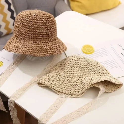 Miniatura 9 de Sombreros de paja para niñas pequeñas y plegables de ala ancha para verano, sombrero de paja para fotografía de bebé, sombreros de paja