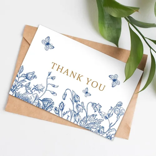 Miniatura 3 de AnyDesign Paquete de 36 tarjetas de agradecimiento florales azules y blancas con sobres de papel de estraza con calcomanías elegantes