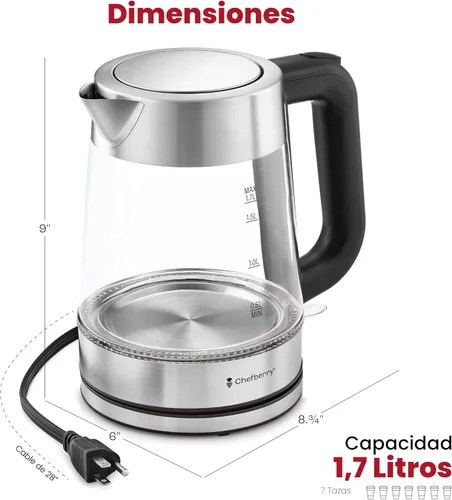 Miniatura 9 de Hervidor eléctrico para hervir té caliente y agua Hervidor de vidrio de borosilicato de acero inoxidable de 1.8L sin plástico, apagado automático