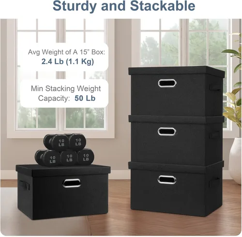 Miniatura 4 de Graciadeco Cajas de almacenamiento plegables y apilables de 15" de 21 cuartos de galón con tapas, paquete de 3 unidades en negro, cajas plegables
