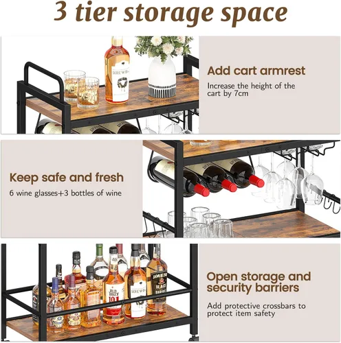 Miniatura 5 de Carrito de Servicio para Bar Doméstico, Carrito de Servicio con Ruedas y Mango, Carrito de Cocina Rodante de 3 Niveles, Carrito para Microondas