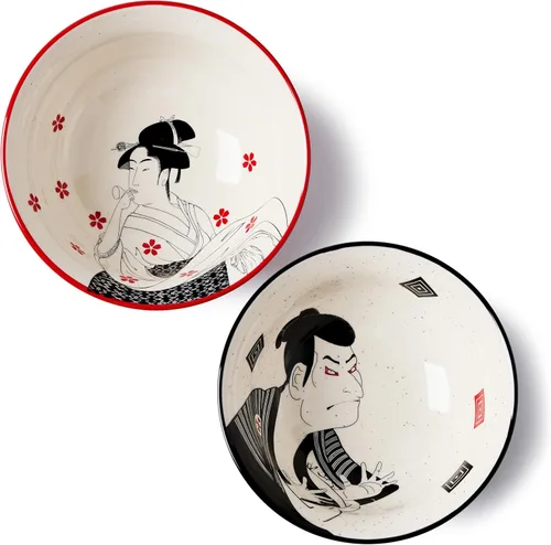 Miniatura 10 de BICETTO Juego de cuencos japoneses para ramen con gran diseño de ola, cuencos de cerámica grandes de 60 onzas, cucharas, palillos para ramen, Pho