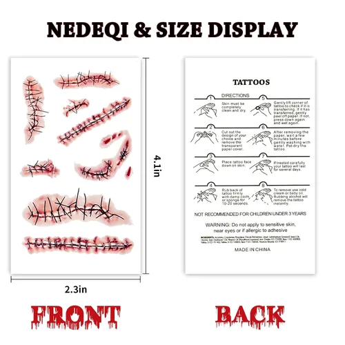 Miniatura 2 de NEDEQI - 20 hojas de tatuajes temporales de zombi de Halloween, tatuajes de sangre falsos de cicatriz de Chucky, impermeables, realistas, puntadas
