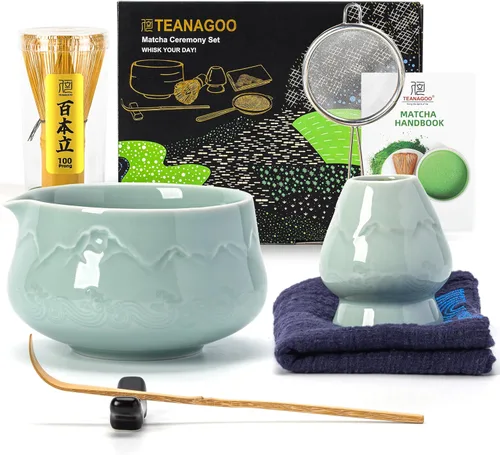 TEANAGOO Juego de 7 batidores de matcha azul, juego de matcha de cerámica, kit de matcha para ceremonia, juego de té matcha para hacer