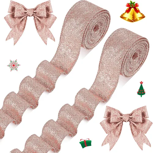 Miniatura 10 de 2 Rollos 20 Yardas Cinta de Navidad con Alambre Cinta Gruesa con Purpurina Cinta Metálica con Alambre para Envolver Regalos Cinta de Árbol