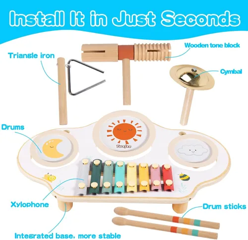Miniatura 6 de Twefex Juego de batería para niños, juego de batería 9 en 1 para niños pequeños, instrumentos musicales Montessori, juguete para bebés, juguetes