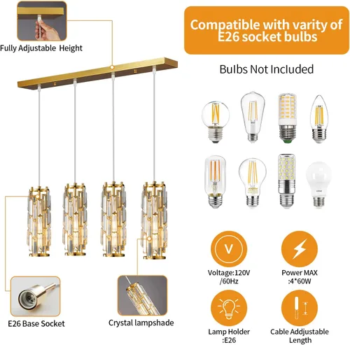 Miniatura 2 de LMQNINE Lámpara colgante de 4 luces doradas modernas, mini candelabros de cristal, lámpara colgante ajustable para cocina, isla, comedor, dormitorio