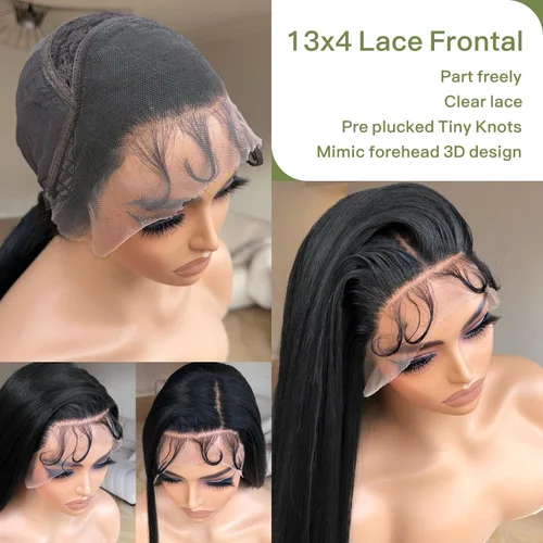Miniatura 5 de BrownBomb Peluca de Encaje Frontal HD de 13x4 Peluca de Encaje Frontal Sintética Negra y Verde Pre Plucked de Aspecto Natural Peluca Lisa de 26